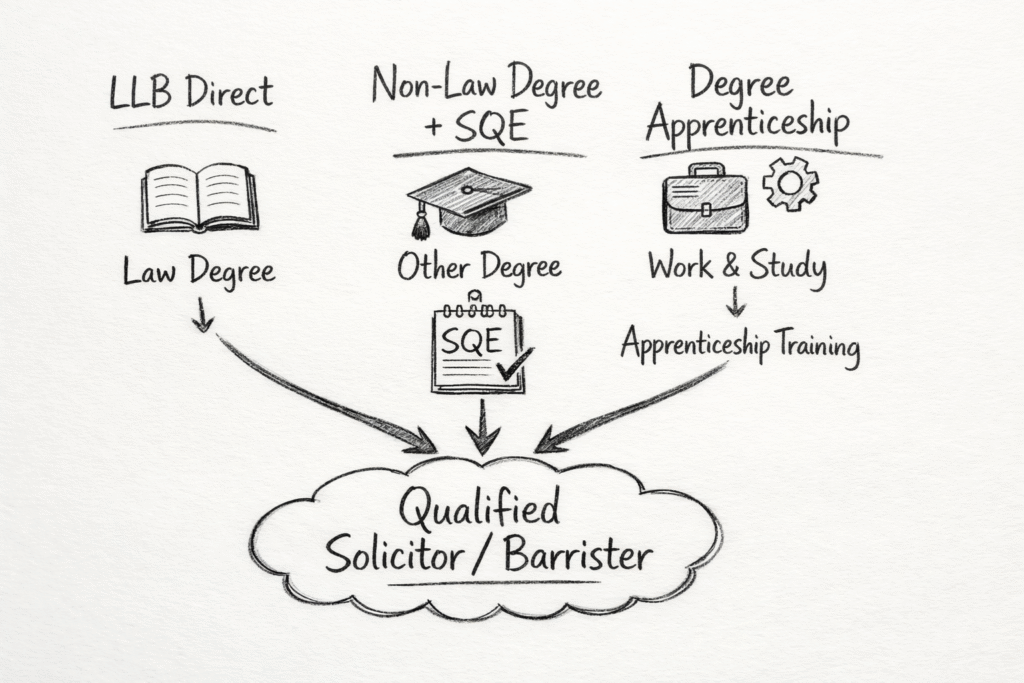 Diagram showing different routes to qualify with a law degree in the UK