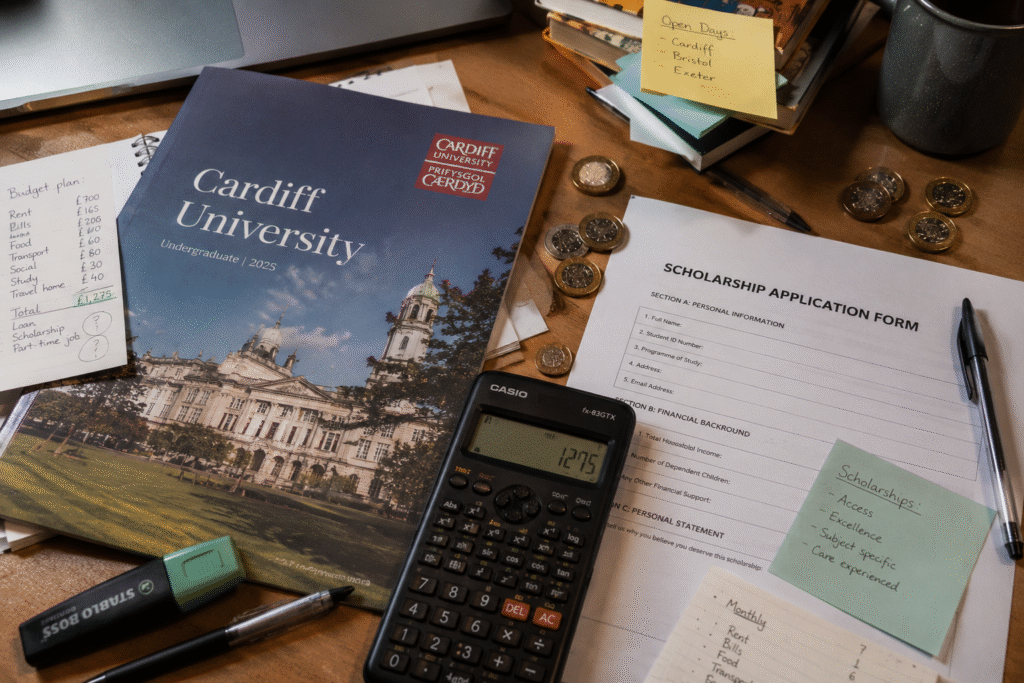 An overhead flat-lay of a desk with a Cardiff University brochure, calculator, scholarship application printout, and pound coins scattered messily. Visual representation of the cost-planning process.
