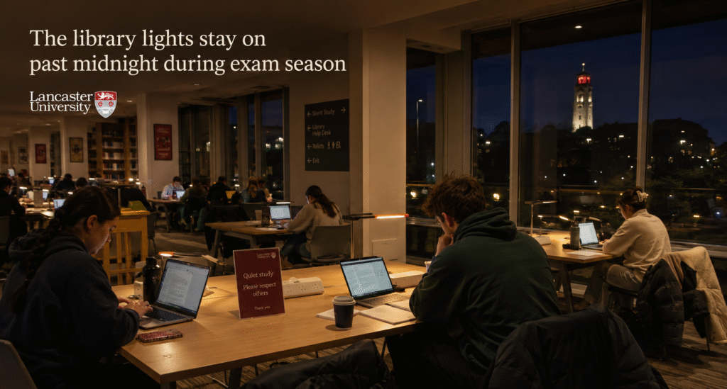 Students studying at Lancaster University library during exam season at night