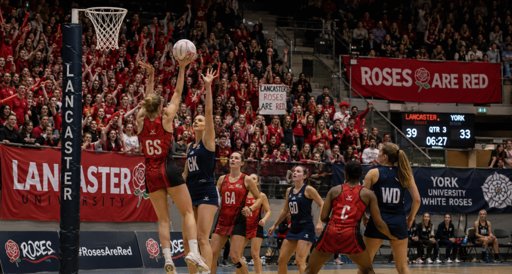 Lancaster vs York Roses tournament with students competing and cheering crowds