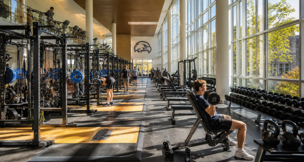Interior of Loughborough University Powerbase Gym showing Olympic-standard training equipment used by university students and elite athletes