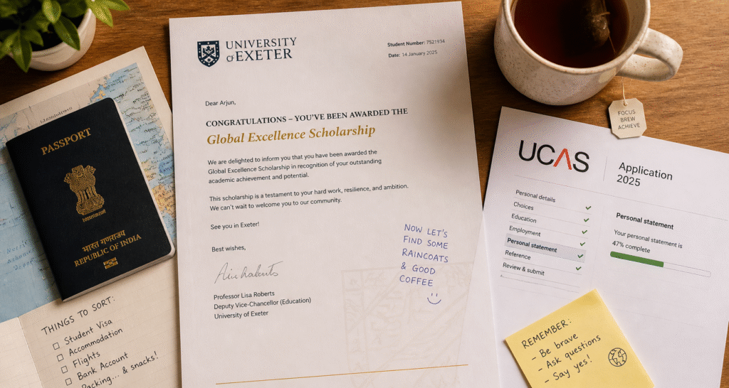  University acceptance and scholarship letter flat lay representing Loughborough University UK international student scholarship opportunities including Chevening and International Excellence Award