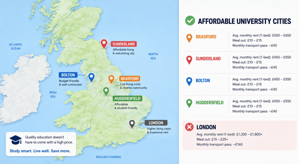 UK map showing low cost university cities in the North for international students including Sunderland Bradford Bolton and Teesside