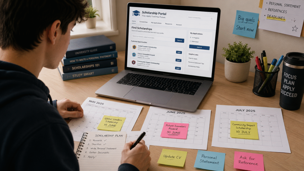 Student reviewing UK university scholarship deadlines with a calendar and laptop open to a scholarship funding portal
