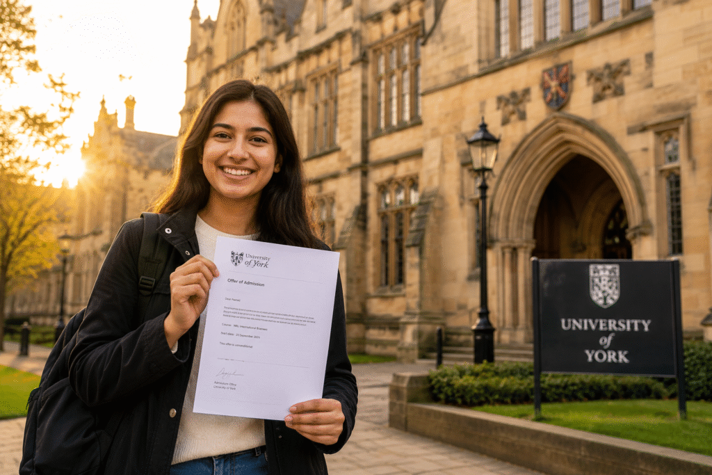 International student holding a UK university admission offer letter outside a low cost university campus building