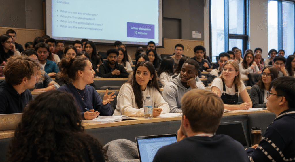 International students in a University of Manchester lecture theatre during a seminar