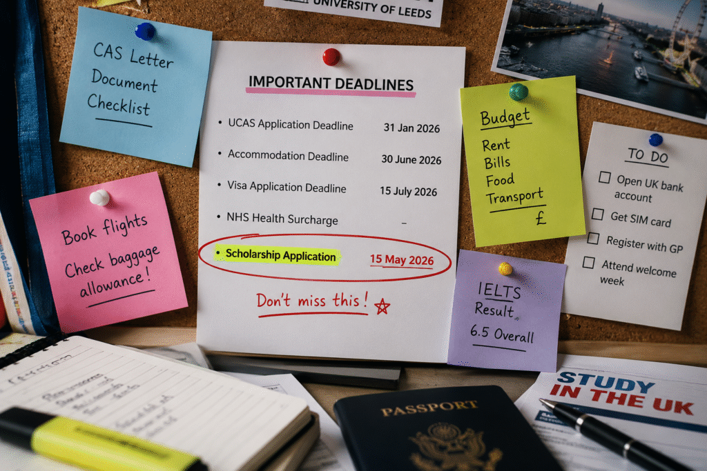 Corkboard showing application and scholarship deadlines for an MA in UK.