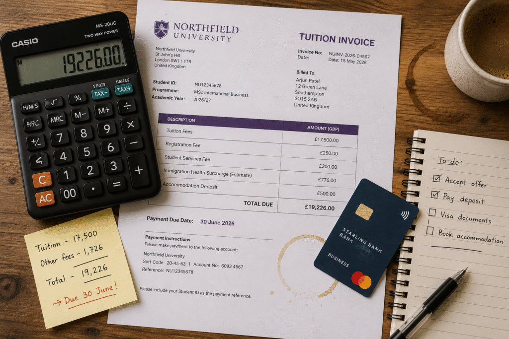 Calculator and tuition documents illustrating the cost of an MA in UK for international students.