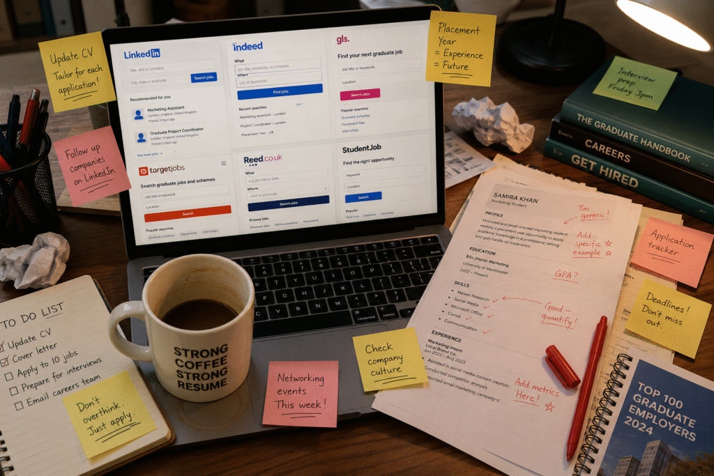 Messy desk showing a student juggling multiple placement year job applications
