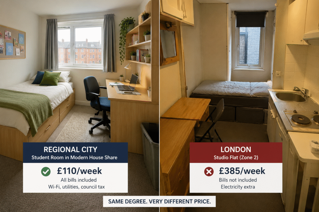 Comparison of student accommodation costs in London versus regional UK cities