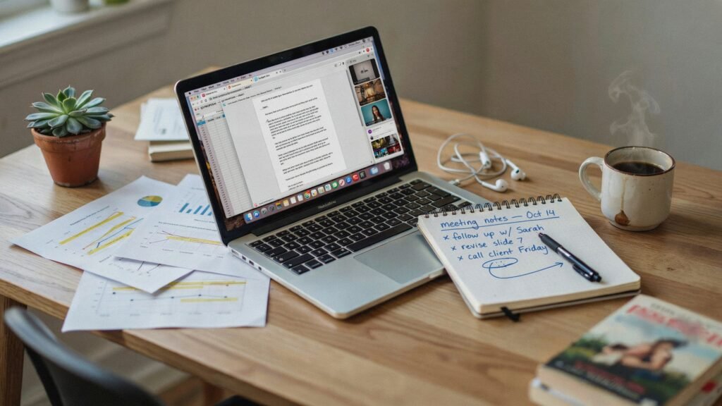 Student workspace with laptop and notes representing MRes UK independent research workload