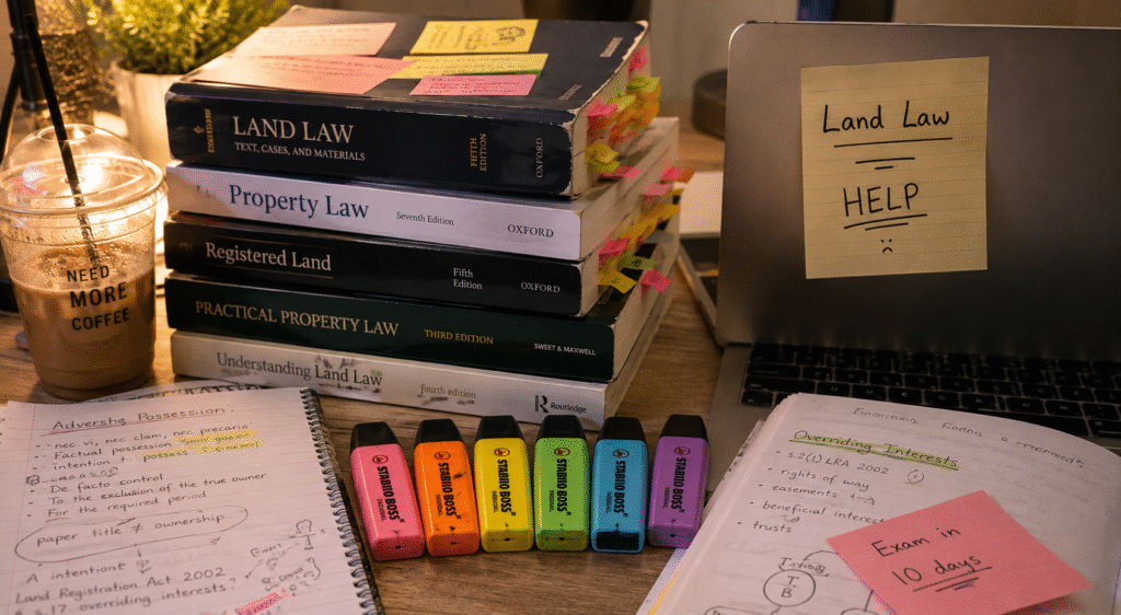 Messy student desk with law textbooks and notes during GDL Courses UK exam revision
