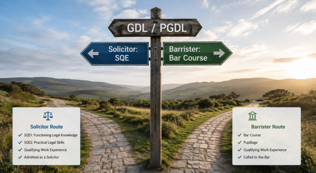 Infographic showing solicitor and barrister career paths after GDL Courses UK