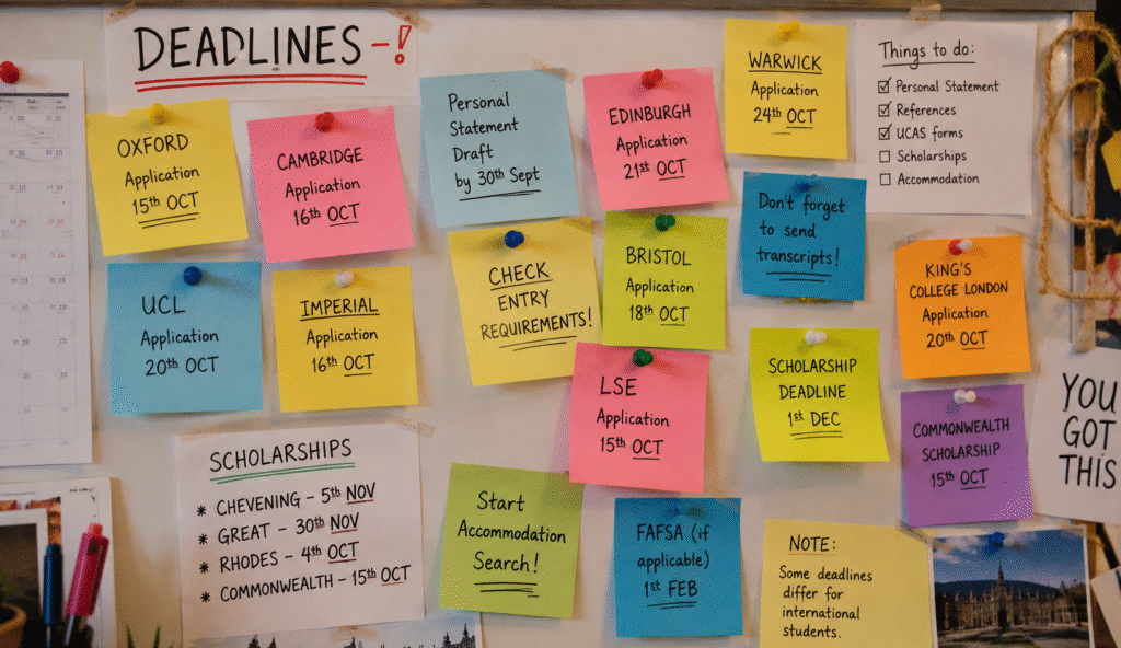 Whiteboard showing overlapping UK university and scholarship application deadlines